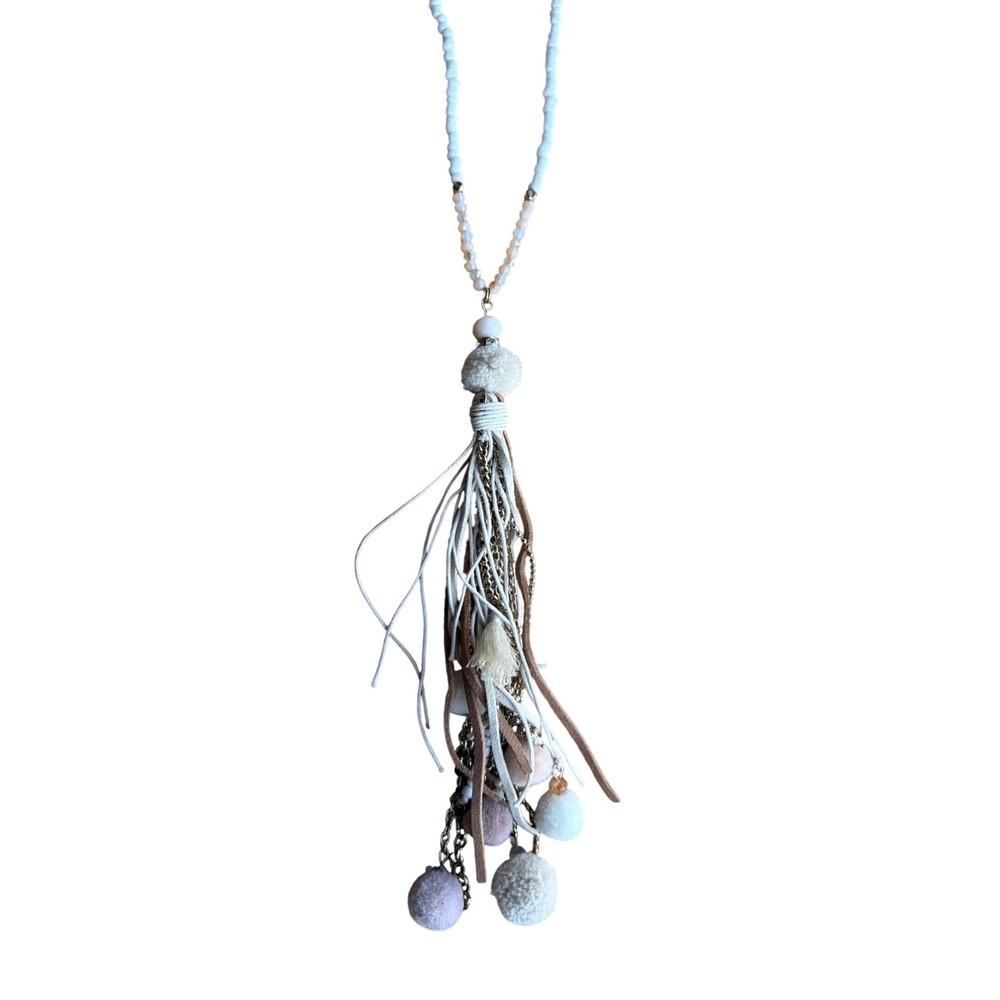 Boho Beaded‎ Long Tassel Necklace Pom Pom Suede Chain Mixed Media Boho HIppie